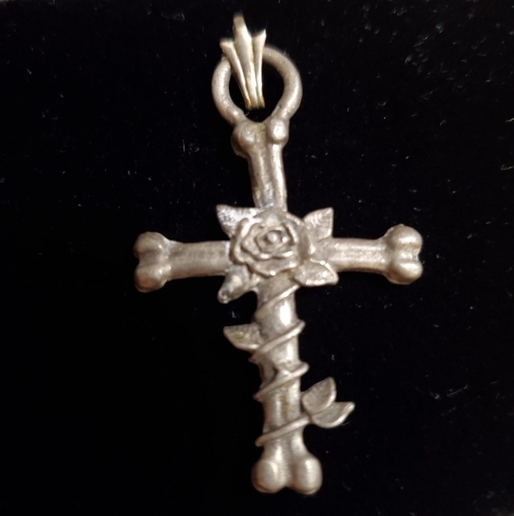 Vintage Pewter Bone Cross with Rose Pendant